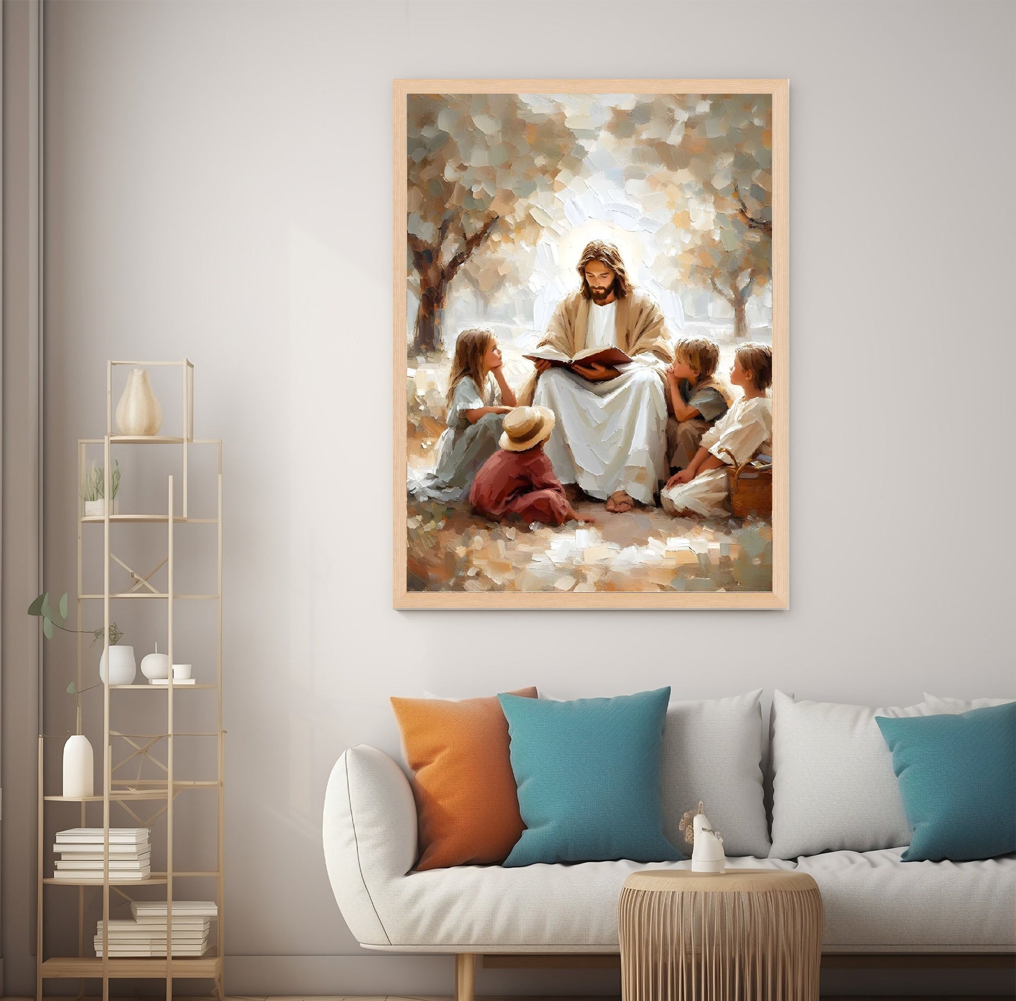 Jesus Teaching Children Poster, Christian Art for Kids, Jesus with Children Art, Bible Art Poster